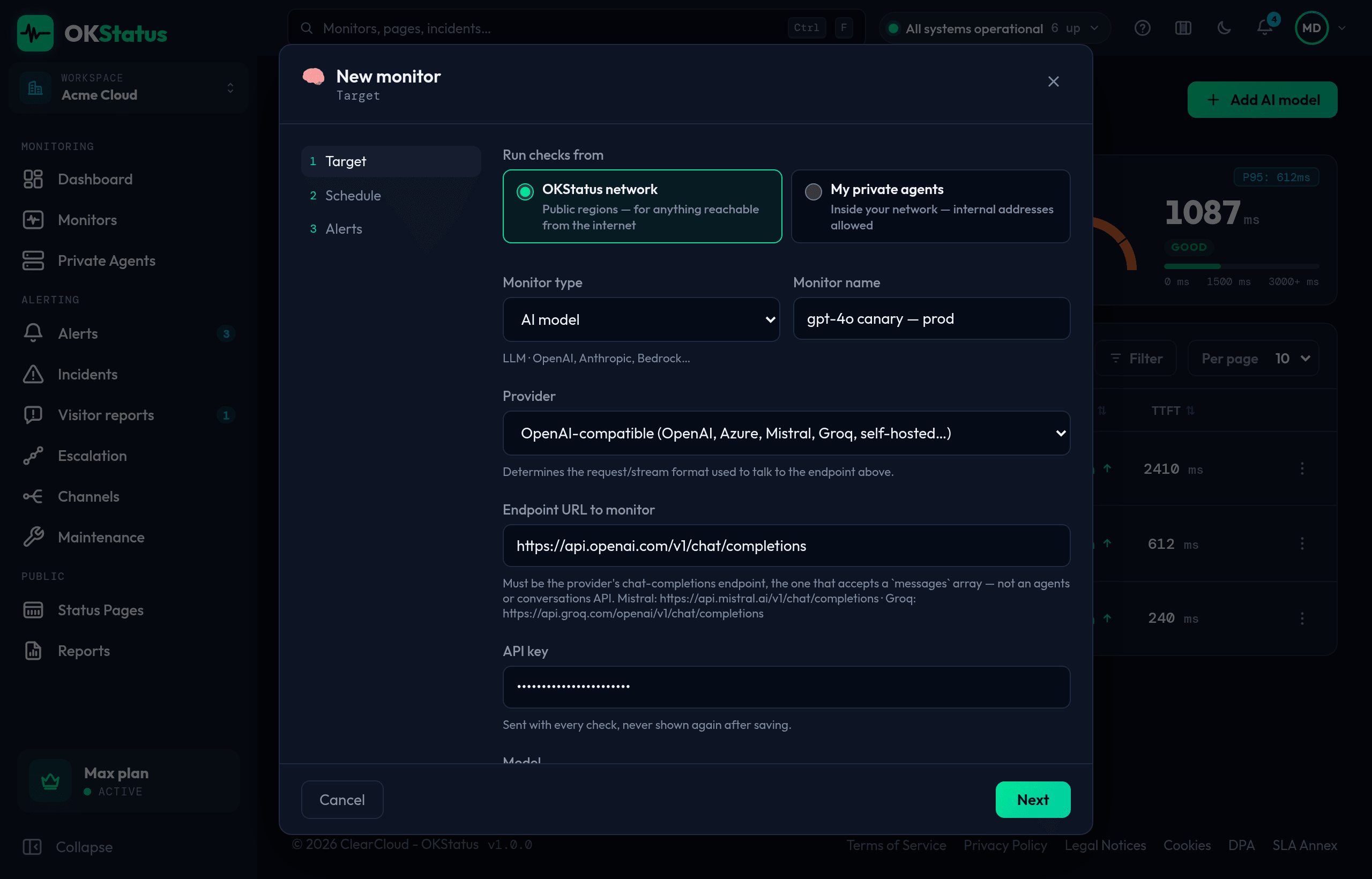 Dialog „Neuer Monitor“ mit dem Typ KI-Modell, Schritt 1: Anbieter, Endpunkt-URL, API-Schlüssel und Modell