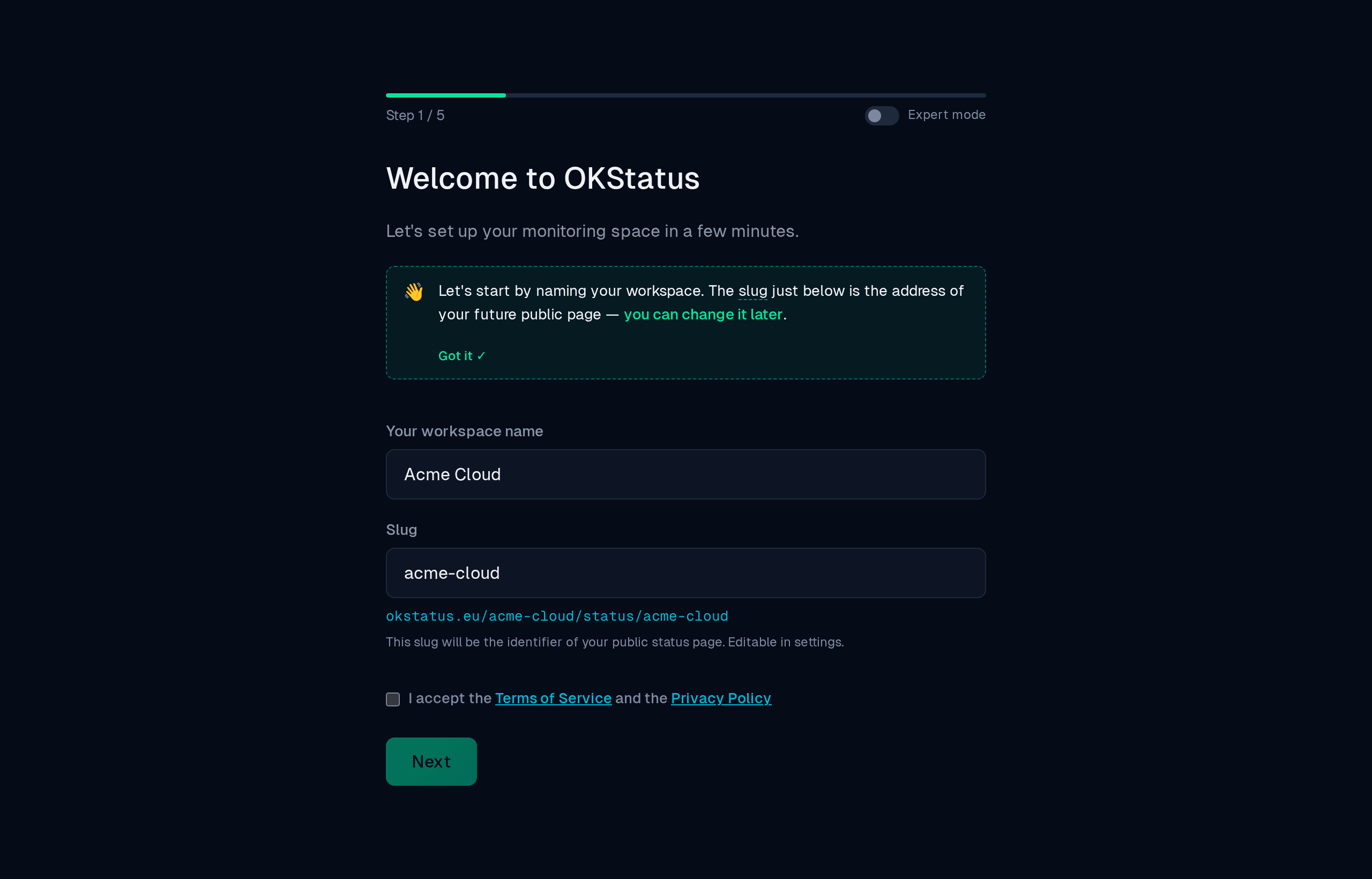 Onboarding, step 1 of 5: workspace name and slug, with the status page address previewed under the field