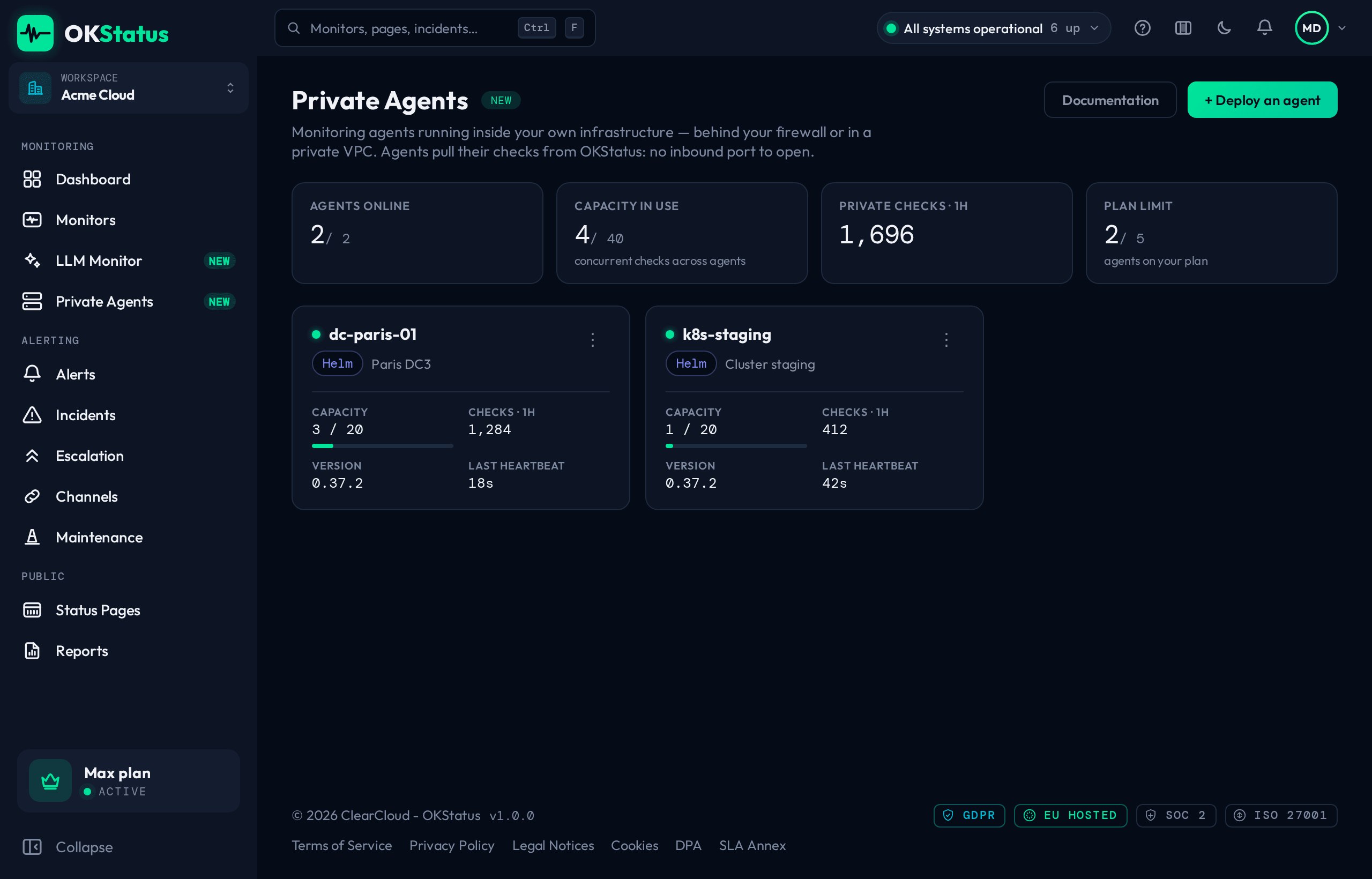 Die Seite „Private Agents“ mit zwei registrierten Agents
