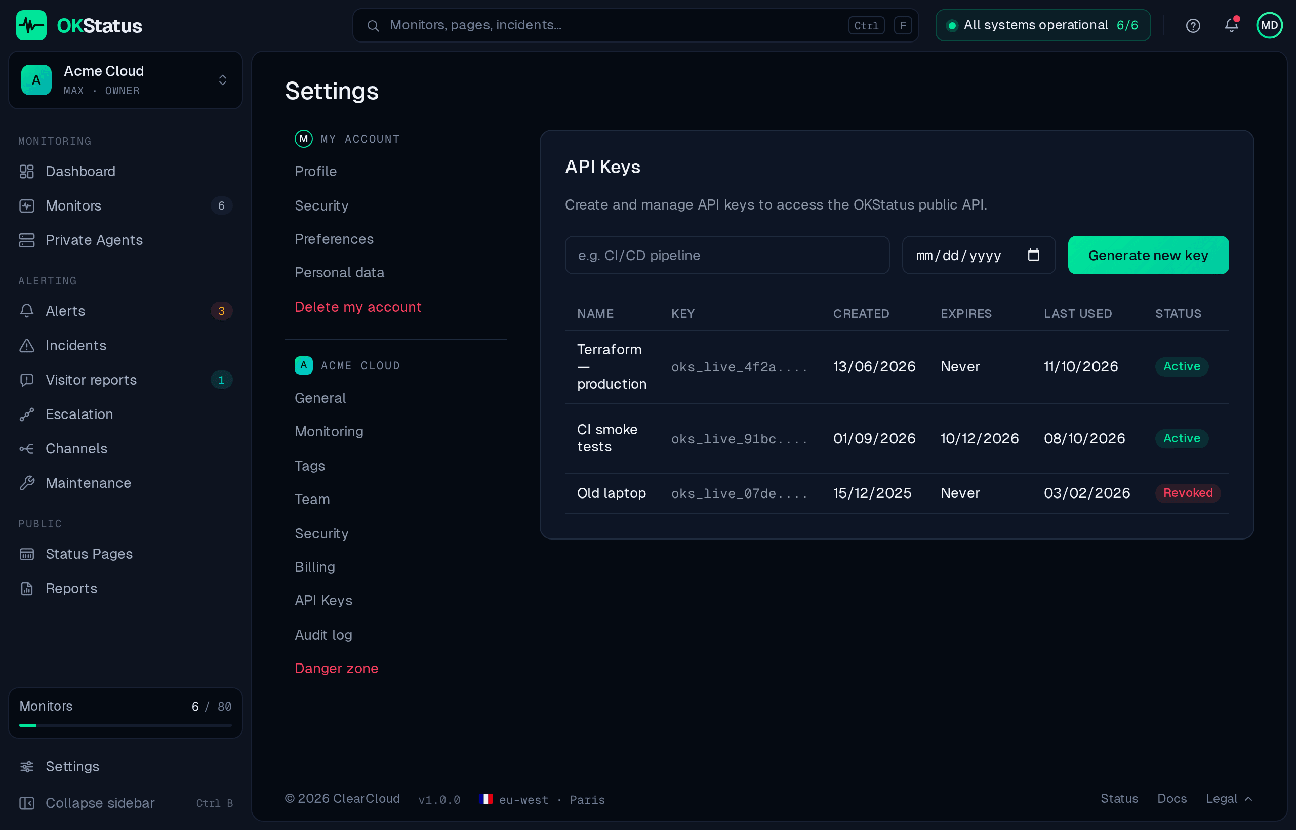 Settings → API Keys: the form to generate a key and the list with masked value, creation date, expiry, last use and status