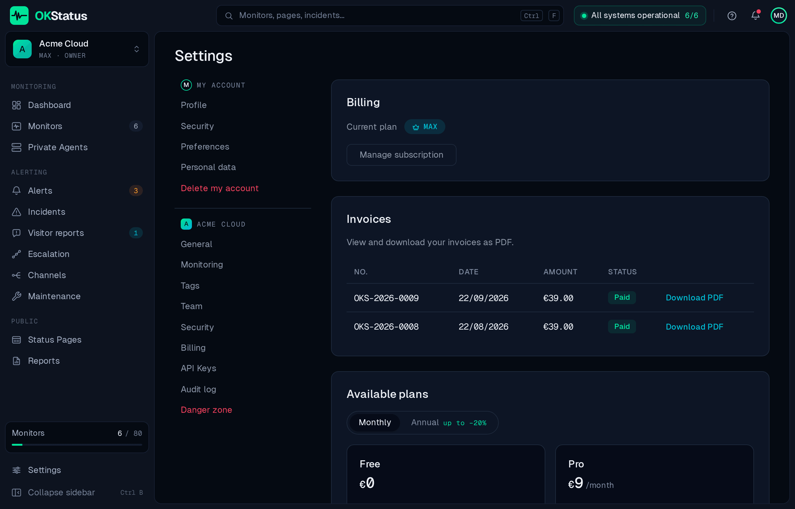 Settings → Billing: current plan, Manage subscription, invoices to download as PDF and the available plans