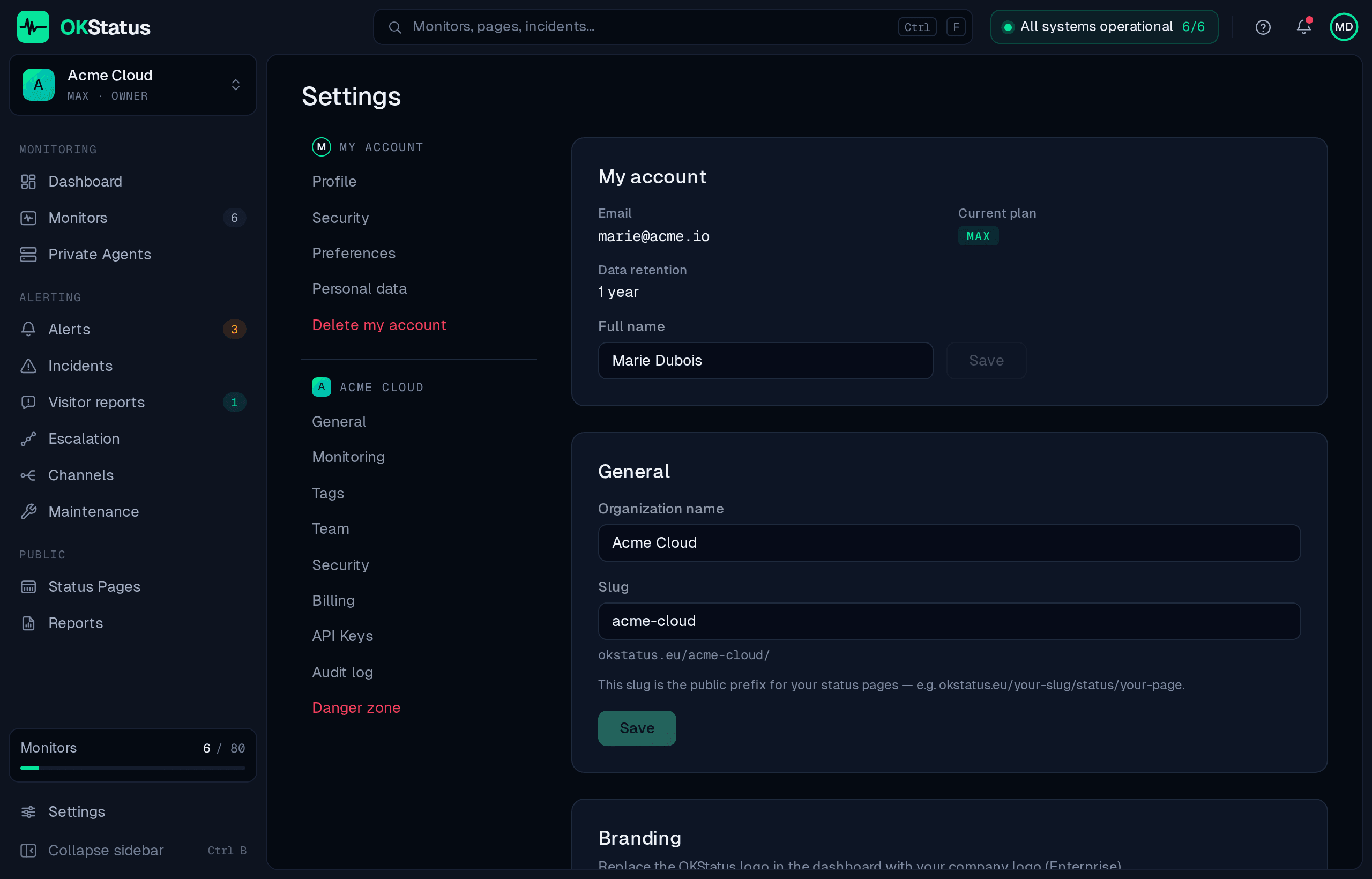 Settings: the menu with My account and the organisation, and the General page with the organisation name and slug