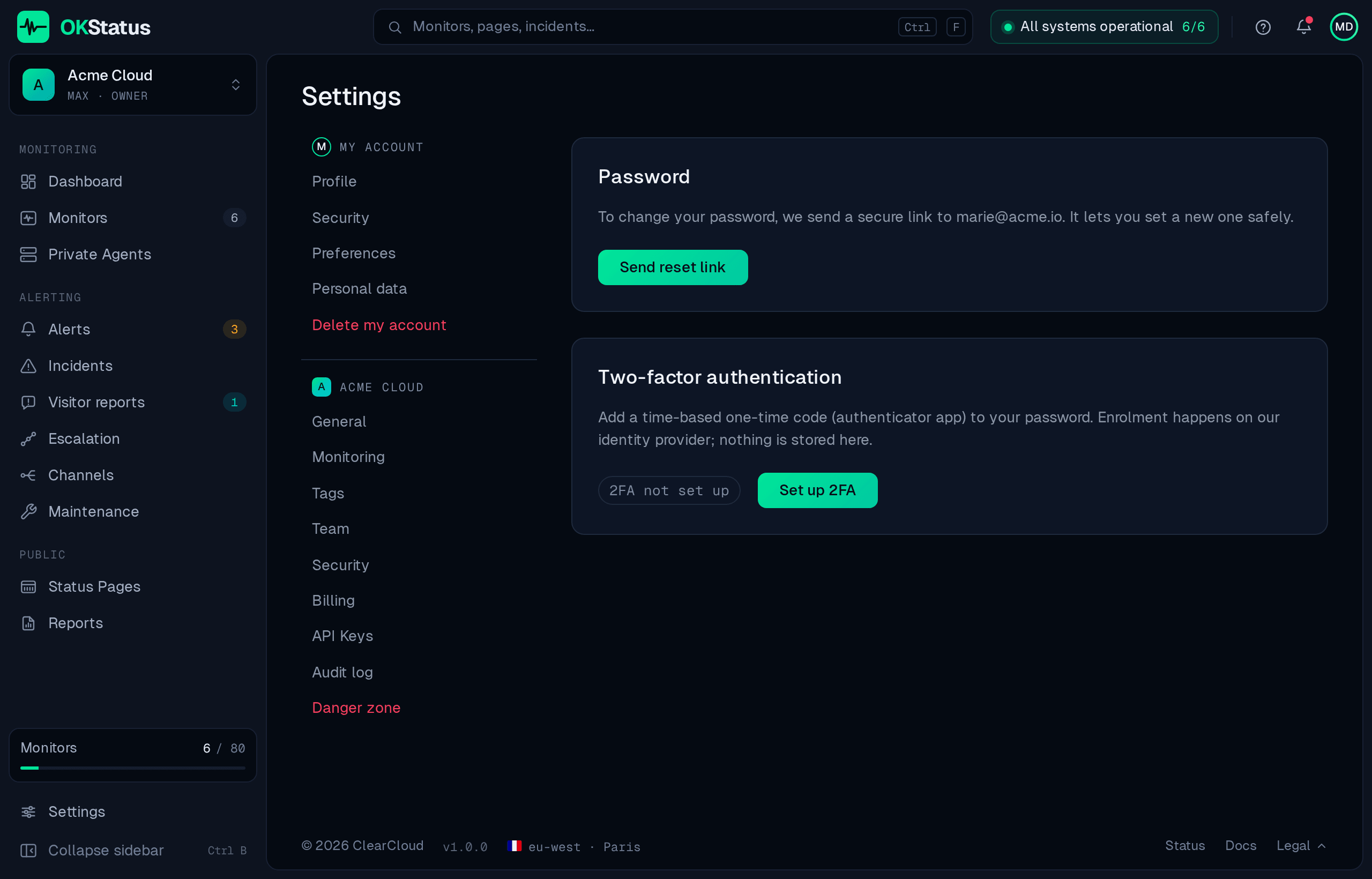 Settings → My account → Security: the password reset link and two-factor authentication