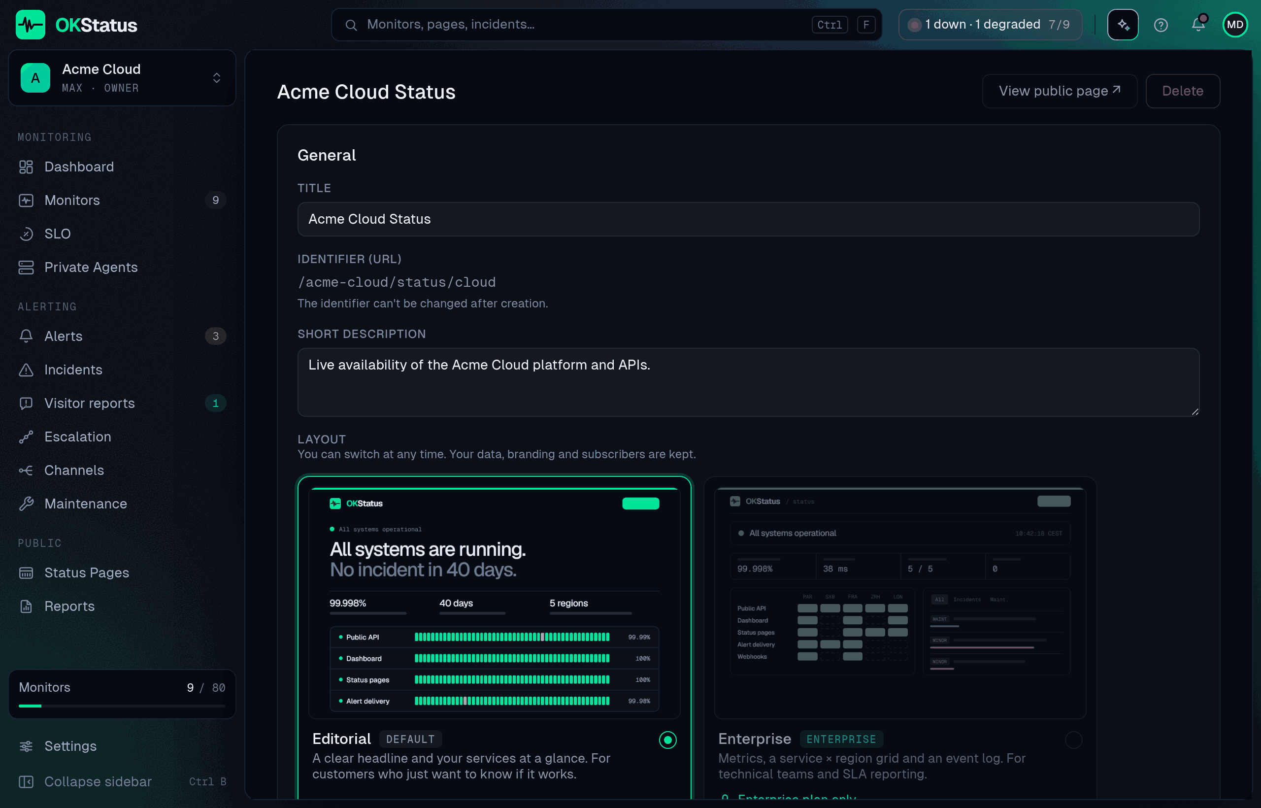 The status page editor, General section: title, identifier, short description and the layout picker with Editorial and Enterprise