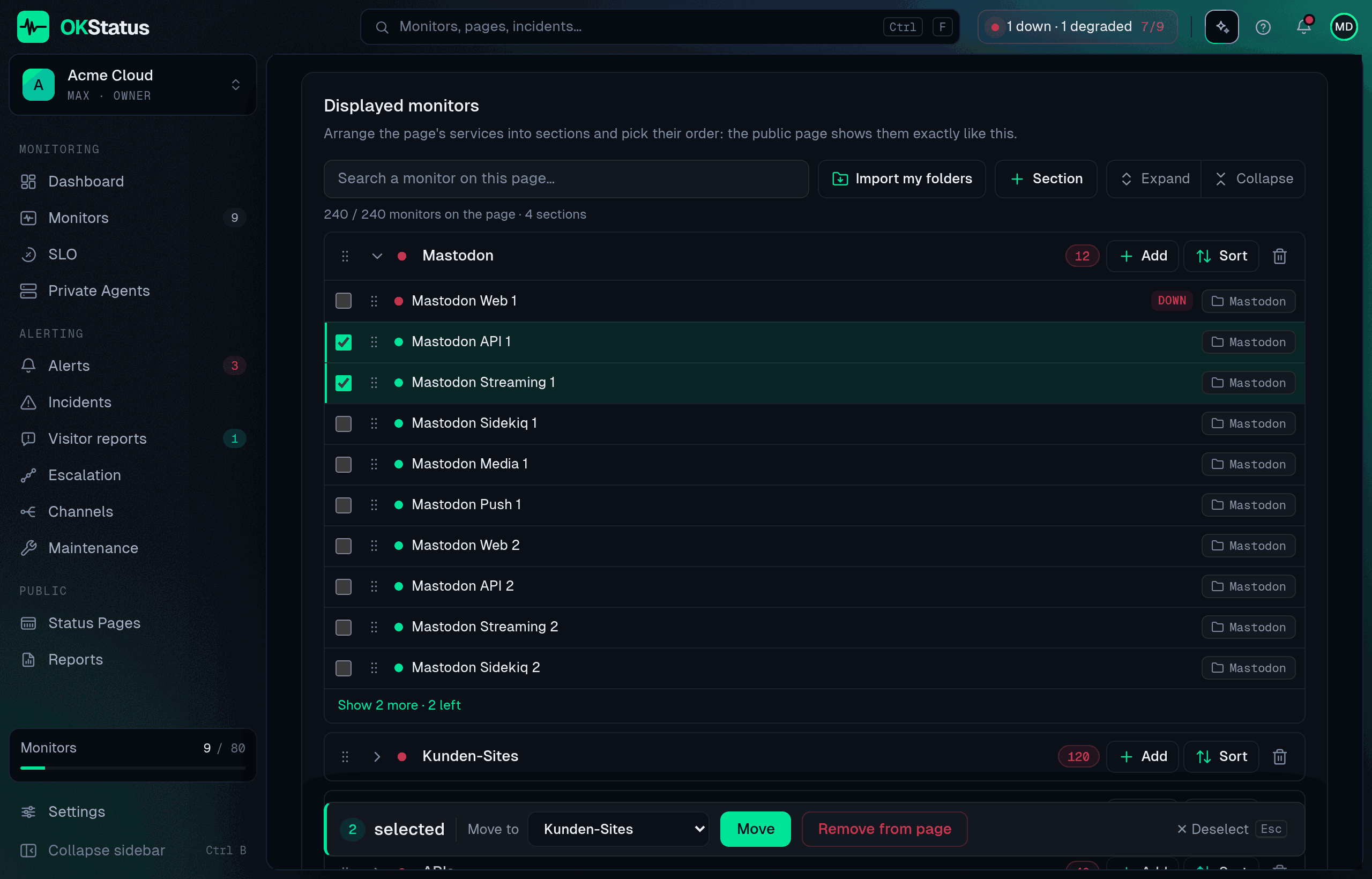The Displayed monitors card of the status page editor: collapsible sections with their service count, Add and Sort buttons, and a selection bar to move monitors
